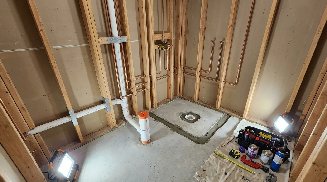 Bathroom rough-in plumbing during remodel by Johns Plumbing LLC in Calabasas