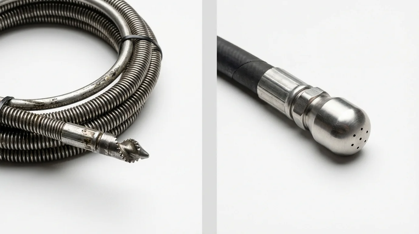 Drain snake cable and hydro jetting nozzle used for drain cleaning in Calabasas, CA