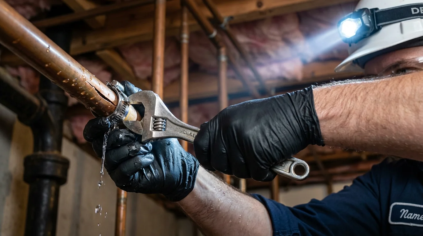 Emergency pipe clamp repair being performed by a Johns Plumbing LLC plumber in Calabasas