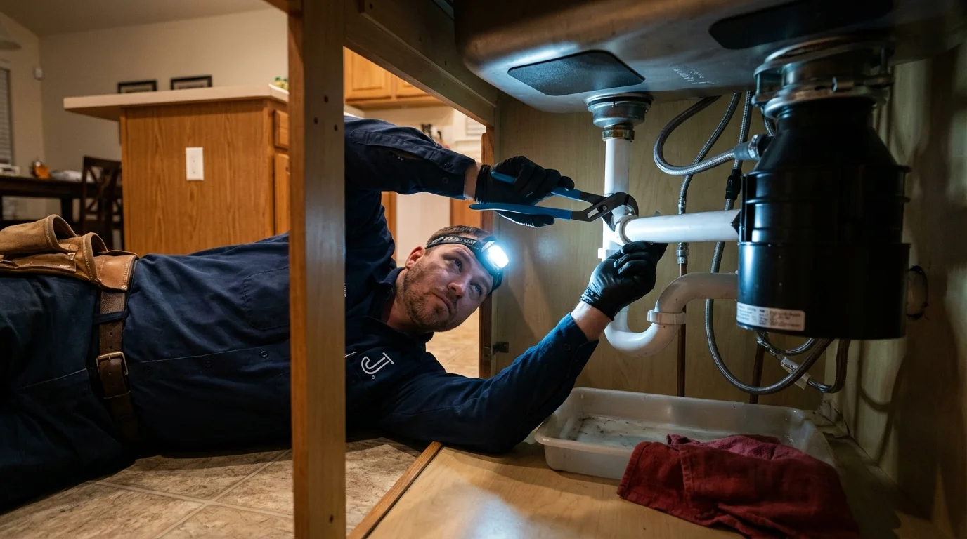 P-trap and supply line connections under a kitchen sink showing a common leak point in Calabasas, CA